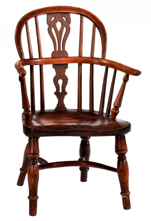 A VICTORIAN YEW WOOD CHILD'S WINDSOR CHAIR, EAST MIDLANDS REGION, C1840-60 with crinoline