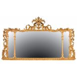 A VICTORIAN ROCOCO STYLE GILTWOOD OVERMANTEL MIRROR , LATE 19TH C 91cm h, 155cm w ++Regilt, probably