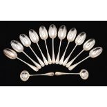 ELEVEN GEORGE V SILVER TABLESPOONS Hanoverian pattern with Rat Tail, London, seven by James