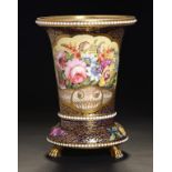 A SPODE BEADED BEAKER MATCH POT ON CLAWS, C1820 painted with a shell shaped panel of a profusion
