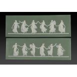 A PAIR OF WEDGWOOD GREEN JASPER DIP DANCING HOURS TABLETS, C1900 10 x 30.5cm, impressed marks ++