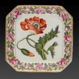 A COALPORT BOTANICAL DESSERT STAND WITH CANTED CORNERS, OUTSIDE DECORATED, C1815 boldly painted to
