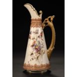 A ROYAL WORCESTER IVORY GROUND EWER, 1890 printed and painted after Edward Raby with daisies and