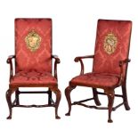 A PAIR OF WALNUT ARMCHAIRS IN GEORGE II STYLE, EARLY 20TH C the back applied with a 18th century