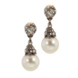 A PAIR OF DIAMOND AND CULTURED PEARL EARRINGS, 20TH C each cultured pearl 0.7cm approx, in gold,