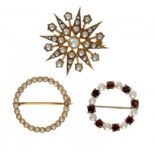 A CULTURED PEARL CIRCLET BROOCH, A CULTURED PEARL AND GARNET CIRCLET BROOCH AND A SPLIT PEARL STAR