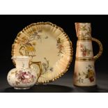 A ROYAL WORCESTER CLARET JUG, EWER AND SHELL DISH, 1892, 1893 & 1903 printed and painted with