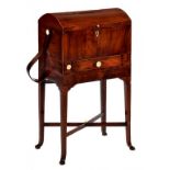 A GEORGE III MAHOGANY WORK BOX, EARLY 19TH C with turned ivory and bone knobs, on affixed stand,