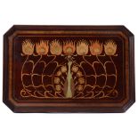 AN ENGLISH ART NOUVEAU MAHOGANY TEA TRAY WITH PENWORK DECORATION OF A PEACOCK, C1905 60cm w ++In