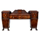 A GEORGE IV MAHOGANY SIDEBOARD, C1830 with crossbanded, stepped top, carved back and paw feet, 106cm