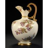 A ROYAL WORCESTER IVORY GROUND EWER, 1888 printed and painted with flowers, 26cm h, printed mark and
