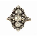 A DIAMOND MARQUISE CLUSTER RING, LATE 19TH C the openwork setting with rose diamonds, on chased gold