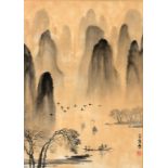CHINESE SCHOOL, 20TH CENTURY LAKE AND MOUNTAINS brush and ink, signed, with red seal, 62 x 44.