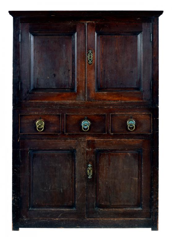 A SCOTTISH STAINED SOFTWOOD PRESS, C1820 the upper part with fixed boarded shelf with scratch