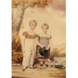 FOLLOWER OF HENRY EDRIDGE, ARA PORTRAIT OF TWO CHILDREN WITH A RAKE AND TOY HORSE watercolour, 34.