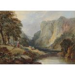 ENGLISH SCHOOL, 19TH CENTURY A WOODED RIVER VALLEY WITH FIGURES, POSSIBLY NEAR MATLOCK watercolour