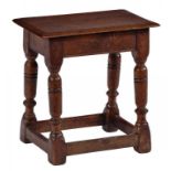 AN OAK JOINED STOOL, LATE 17TH C with moulded rails and turned legs, 46cm h; 27 x 44cm ++A genuine