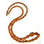 A NECKLACE OF 64 AMBER BEADS 62g ++Two bead chipped