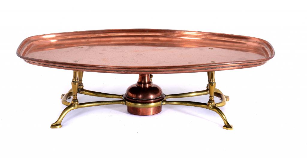 A W A S BENSON & CO BRASS AND COPPER HOT PLATE, NO 722, EARLY 20TH C with copper lamp, 47cm w,