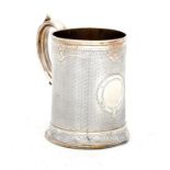 A VICTORIAN SILVER MUG engine turned between engraved borders, 13cm h, by William Hunter, London