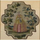 EMBROIDERY. A TENT STITCHED WOOL FURNISHING PANEL OF A LADY STANDING BETWEEN TWO TREES, 18TH C