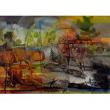 H.F. DARKING - THE FOUR SEASONS, ABSTRACT OIL ON BOARD, SIGNED AND DATED '61, 75CM X 106CM