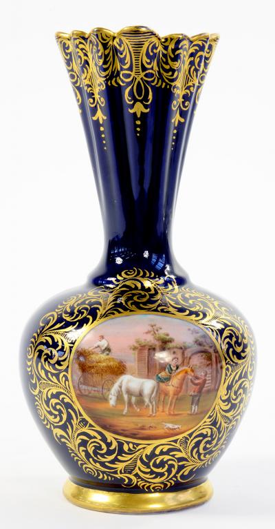 A 'VIENNA' STYLE COBALT GROUND VASE WITH FLARED NECK, THE GLOBULAR BODY PAINTED TO EITHER SIDE