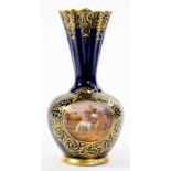 A 'VIENNA' STYLE COBALT GROUND VASE WITH FLARED NECK, THE GLOBULAR BODY PAINTED TO EITHER SIDE