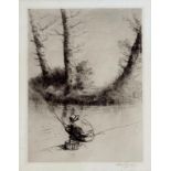 ALPHONSE LEGROS - LE PECHEUR A LA LIGNE, BLACK AND WHITE ETCHING OF A FISHERMAN, SIGNED TO THE