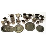 A QUANTITY OF 19TH CENTURY AND LATER PEWTER PLATES, TANKARDS, SUGAR BOWLS, ETC