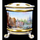 A CLOUDS CERAMICS BOUGH POT MOUNTED ON TRIPLE FOOT AND PAINTED WITH A VIEW OF VENICE BY S.D.