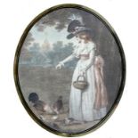 AN 18TH CENTURY MEZZOTINT OF A GAINSBOROUGH STYLE LADY, IN VERRE EGLOMISE MOUNT, 30 X 25CM