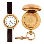 A 9CT GOLD LADY'S WRISTWATCH, LONDON 1927, A 9CT GOLD SPLIT RING FROM AN ALBERT AND A LATE VICTORIAN