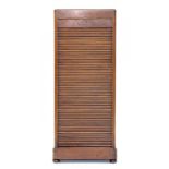A STAINED WOOD STATIONERY CABINET WITH PULL UP TAMBOUR SHUTTER, 46CM W, CIRCA 1940