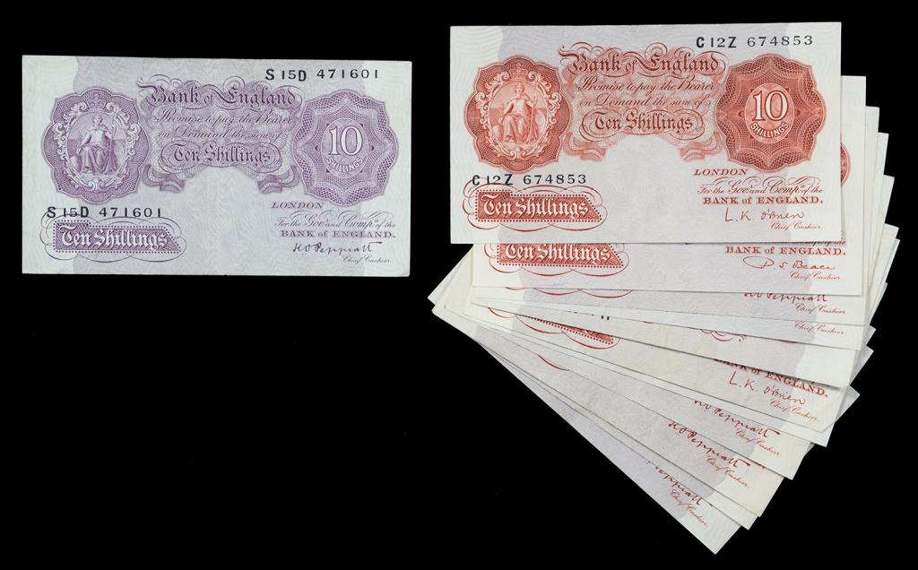 BANK OF ENGLAND BANK NOTES TEN SHILLINGS, MAUVE, PEPPIATT AND RED-BROWN BEALE AND OBRIEN, VF AND