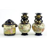 A SATSUMA COBALT GROUND KORO AND COVER AND A PAIR OF SATSUMA VASES, VASES 15.5CM H, GILT MARK, EARLY