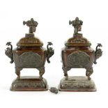 A PAIR OF JAPANESE BRONZE KOROS AND COVERS, 25CM H, MEIJI PERIOD,