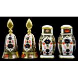 A PAIR OF ROYAL CROWN DERBY IMARI PATTERN HAND BELLS AND A PAIR OF SALT AND PEPPER CASTERS, 12 AND