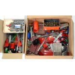 A QUANTITY OF MAINLY RED AND GREEN MECCANO WITH WHEELS AND TOOLS, ETC
