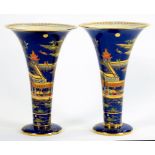 A PAIR OF WILSHAW & ROBINSON CARLTON WARE BARGE PATTERN TRUMPET SHAPED VASES, 26CM H, PRINTED