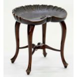 A LATE VICTORIAN MAHOGANY STOOL, THE SEAT CARVED IN THE FORM OF A SHELL, 48CM H