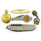 FISHING. A VINTAE NICKEL AND STEEL PEGLEY-DAVIES ANGLERS' KNIFE, 9CM L, C1920, A BRASS SOVEREIGN
