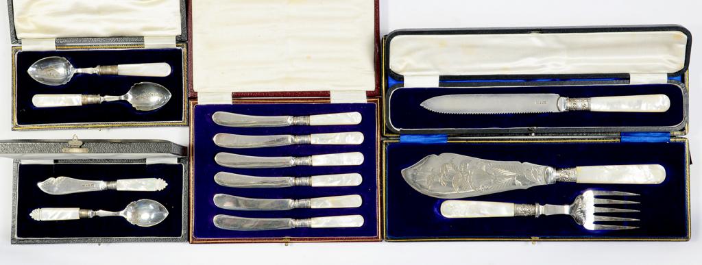 FIVE CASED SETS OF LATE VICTORIAN AND EDWARDIAN EPNS FLATWARE, ALL MOTHER OF PEARL HAFTED