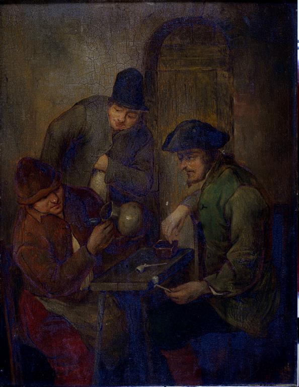 A 19TH CENTURY OLEOGRAPH OF THREE MEN IN A TAVERN IN THE MANNER OF OSTADE, PANEL, 26CM X 20CM