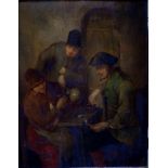 A 19TH CENTURY OLEOGRAPH OF THREE MEN IN A TAVERN IN THE MANNER OF OSTADE, PANEL, 26CM X 20CM