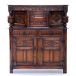 AN OLD REPRODUTION CARVED OAK COURT CUPBOARD, 140CM W
