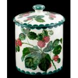A WEMYSS WARE CYLINDRICAL BISCUIT BARREL AND COVER PAINTED WITH BLACKBERRIES, 15CM H, IMPRESSED