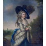 20TH CENTURY SCHOOL - PORTRAIT OF A LADY IN 'GAINSBOROUGH' HAT, OIL ON BOARD, 30CM X26CM