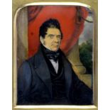 ENGLISH SCHOOL 19TH CENTURY, PORTRAIT MINIATURE OF A GENTLEMAN, HALF LENGTH IN A BLACK COAT BEFORE