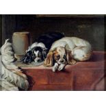 ENGLISH SCHOOL - AFTER SIR EDWIN HENRY LANDSEER, THE CAVALIER'S PETS, SIGNED, HHHJ, OIL ON CANVAS,